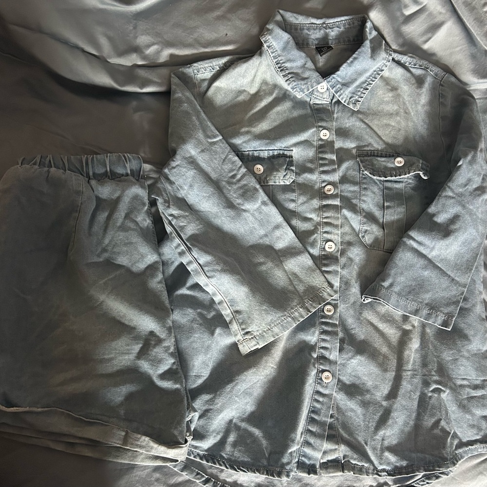 SHEIN Denim Button-Up Shirt and Short Set, size 12.